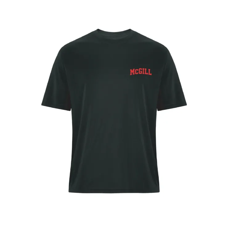 Black McGill men’s performance T‑shirt with red McGill wordmark printed on left chest
