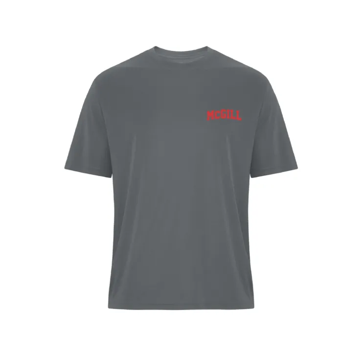 Grey McGill men’s performance T‑shirt with red McGill wordmark printed on left chest