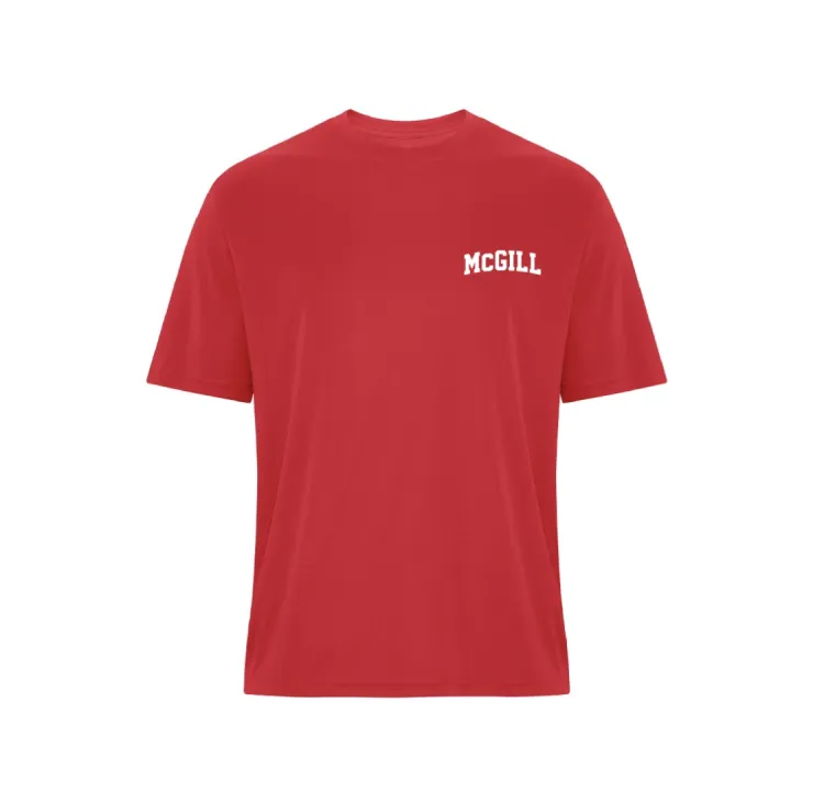 REd McGill men’s performance T‑shirt with white McGill wordmark printed on left chest