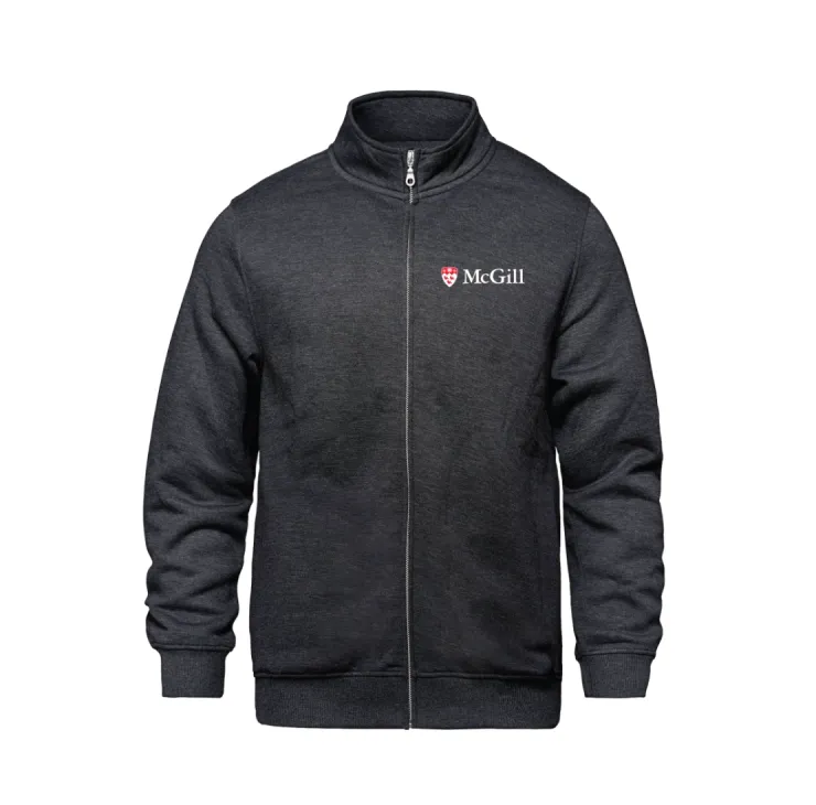 Chandail gris foncé à col simulé et à fermeture éclair avec logo de McGill sur la poitrine gauche.