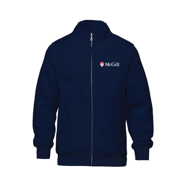 Chandail à col roulé et à fermeture à glissière de McGill de couleur marine avec col montant, fermeture à glissière à l'avant et logo de l'écusson de McGill sur la poitrine gauche.