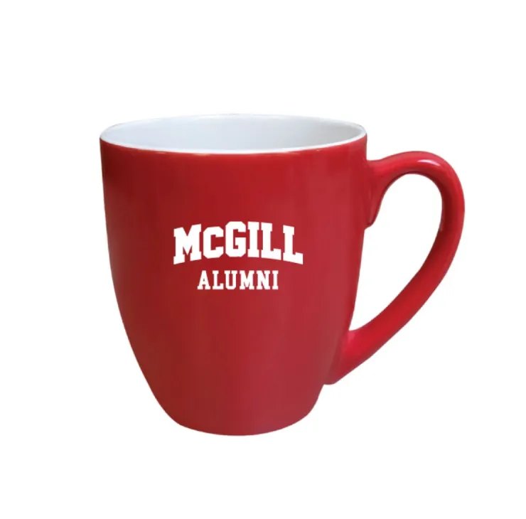 Red McGill Alumni bistro mug with white interior and white “McGill Alumni” varsity lettering, shown on white background.