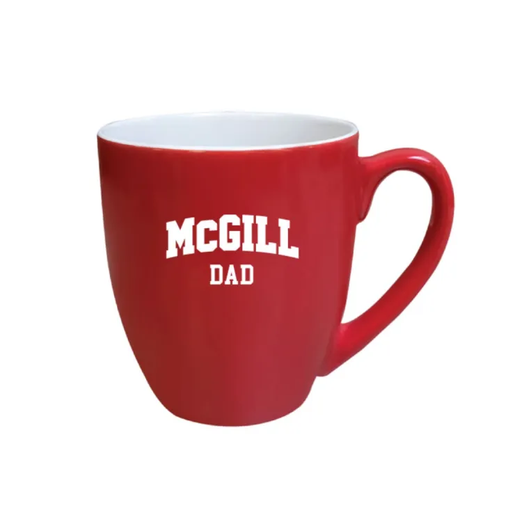 Red McGill Dad bistro mug with white interior and white “McGill Dad” varsity lettering, shown on white background.