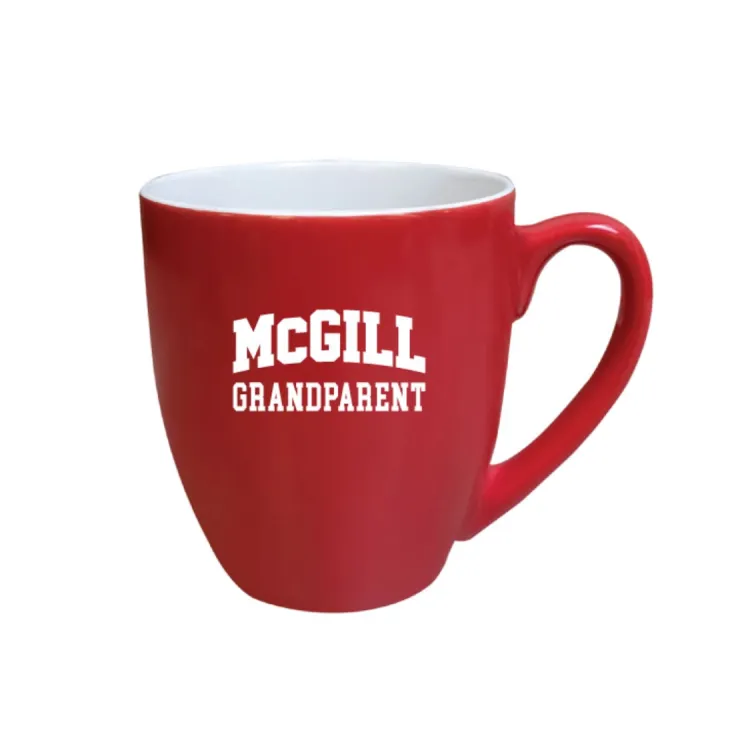 Red McGill Grandparent bistro mug with white interior and white “McGill Grandparent” varsity lettering, shown on white background.
