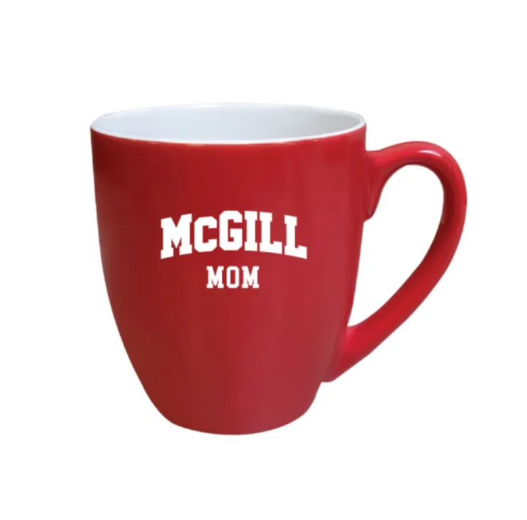 Red McGill Mom bistro mug with white interior and white “McGill Mom” varsity lettering, shown on white background.