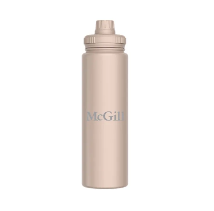 Sand-coloured McGill stainless steel water bottle with twist‑top lid and light grey McGill logo