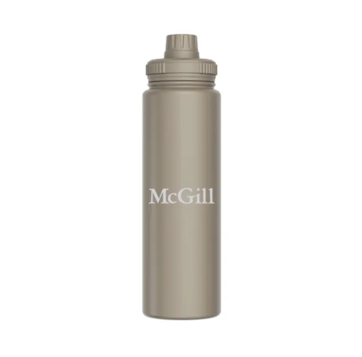 Taupe-coloured McGill stainless steel water bottle with twist‑top lid and light grey McGill logo