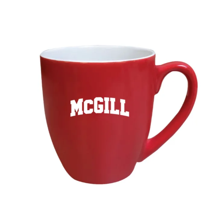 Red McGill Varisty bistro mug with white interior and white McGill varsity lettering, shown on white background.