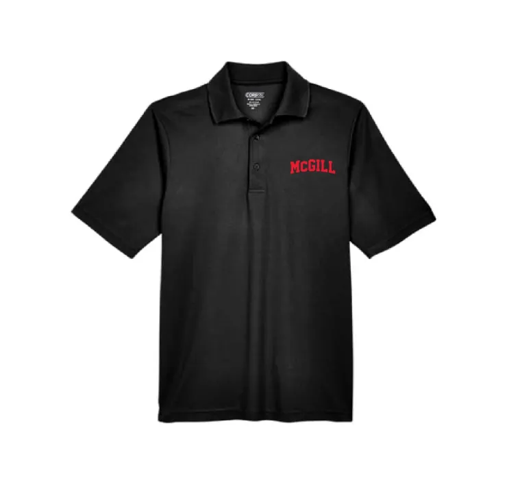 Black McGill performance polo with red McGill varsity wordmark on left chest and short sleeves