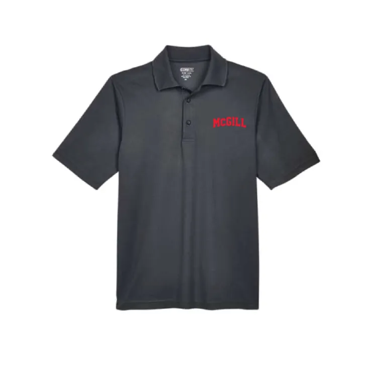 Dark Grey McGill performance polo with red McGill varsity wordmark on left chest and short sleeves