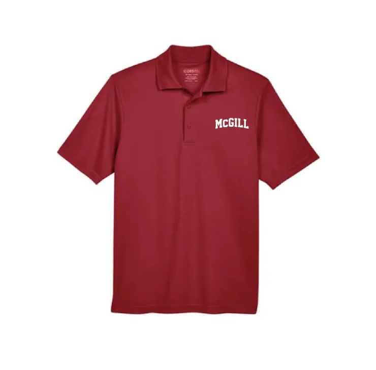 Red McGill performance polo with white McGill varsity wordmark on left chest and short sleeves