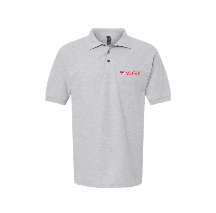 Grey McGill polo shirt with embroidered McGill crest, classic fit, short sleeves, and collar.