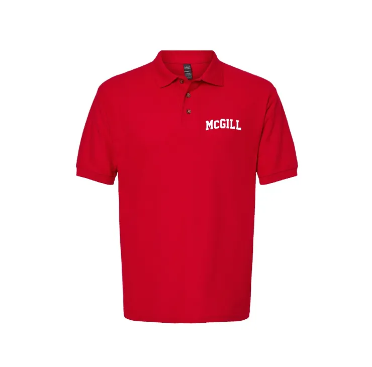 Red McGill polo shirt with embroidered McGill Varsity logo, classic fit, short sleeves, and collar.