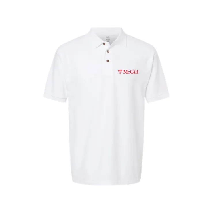 White McGill polo shirt with embroidered McGill crest, classic fit, short sleeves, and collar.