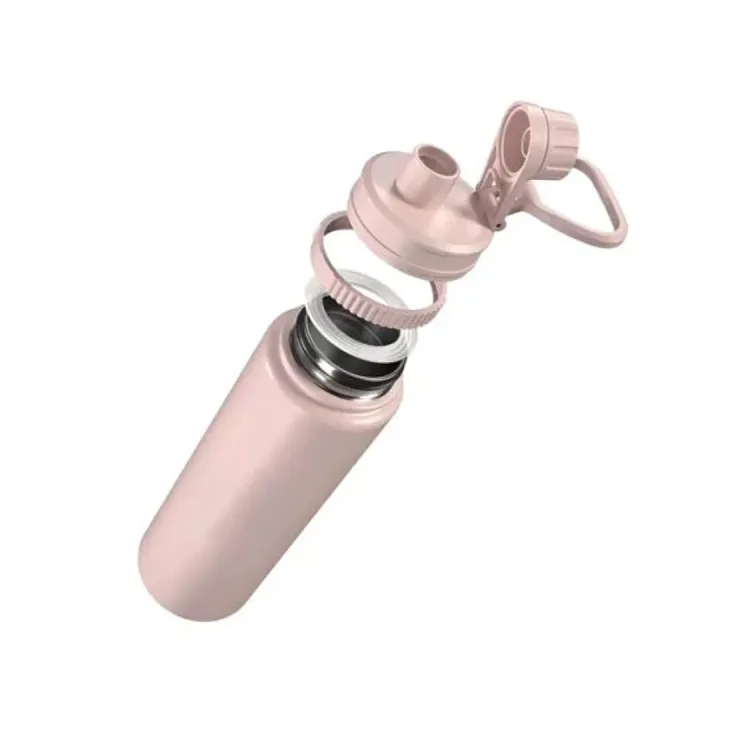 Sand McGill stainless steel water bottle shown open with twist‑top lid and internal insulation detail