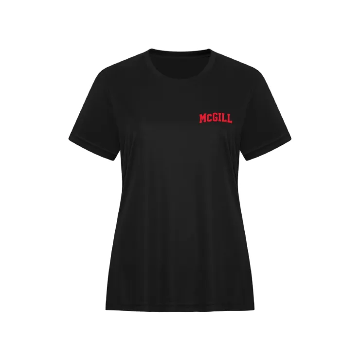 Black McGill women’s performance T‑shirt with red McGill Varsity wordmark on left chest.