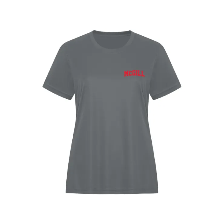 Grey McGill women’s performance T‑shirt with red McGill Varsity wordmark on left chest.