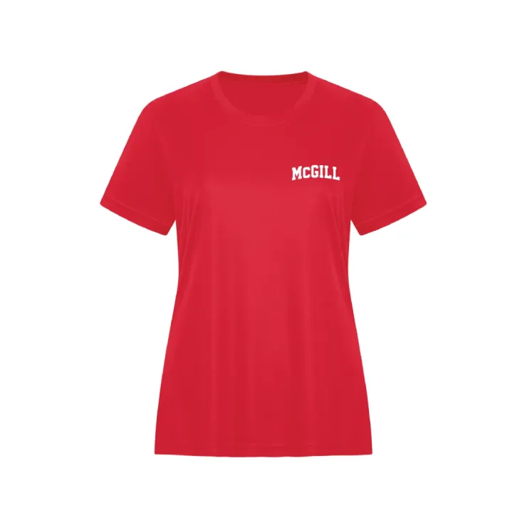 Red McGill women’s performance T‑shirt with white McGill Varsity wordmark on left chest.