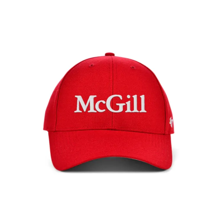 Red McGill baseball cap with curved brim and raised white embroidered logo on the front