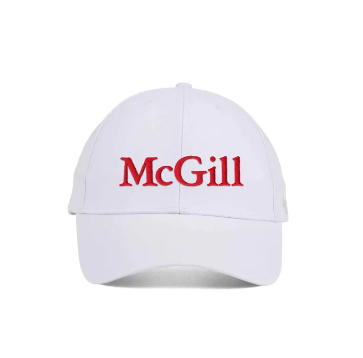 White McGill baseball cap with curved brim and raised red embroidered logo on the front