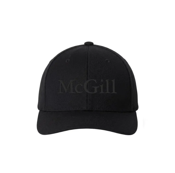 Black McGill baseball cap with curved brim and tone-on-tone embroidered logo on the front, structured fit.