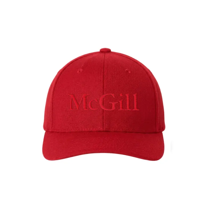 Red McGill baseball cap with curved brim and tone-on-tone embroidered logo on the front, structured fit.