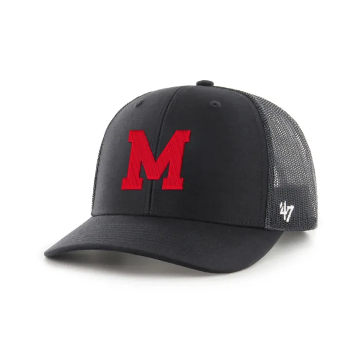 Black McGill trucker cap with curved brim, black mesh back, and raised red “M” embroidery on the front.