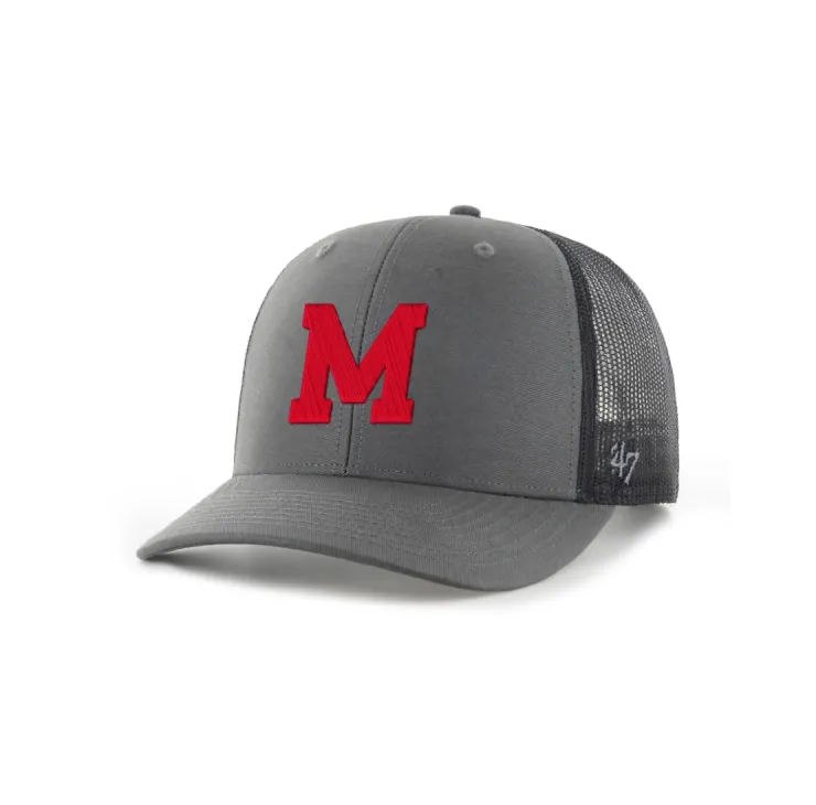 Charcoal McGill trucker cap with curved brim, black mesh back, and raised red “M” embroidery on the front.