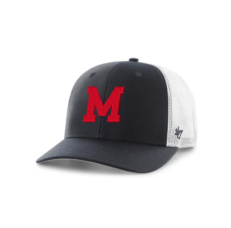 Navy McGill trucker cap with curved brim, white mesh back, and raised red “M” embroidery on the front.