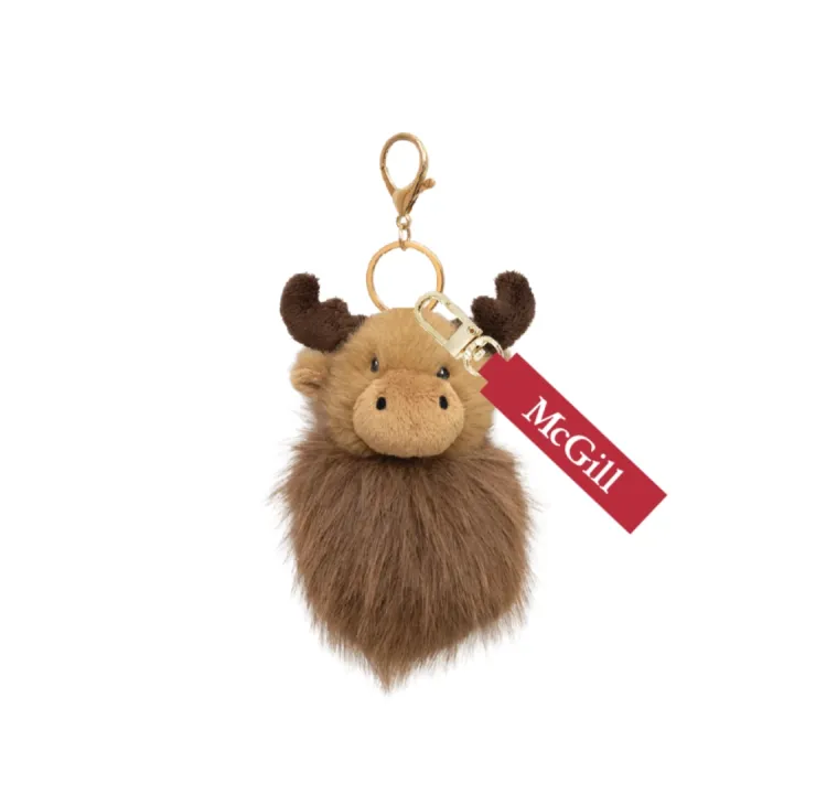 Moose plush keychain with gold clip and ring, featuring red McGill tag and soft faux fur body.