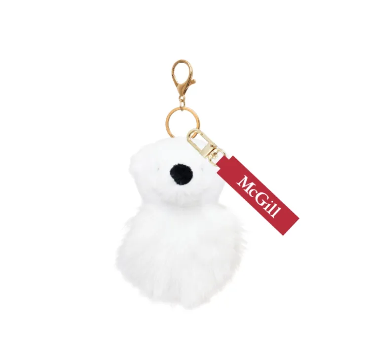 Polar Bear plush keychain with gold clip and ring, featuring red McGill tag and soft faux fur body.