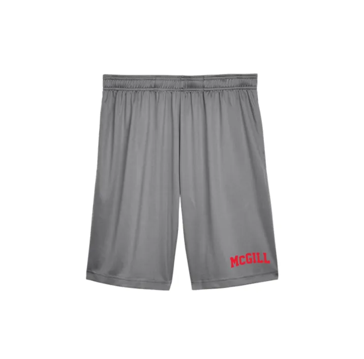 Grey McGill athletic shorts with elastic waistband, relaxed fit, and red “McGill” varsity logo printed on the lower left leg.