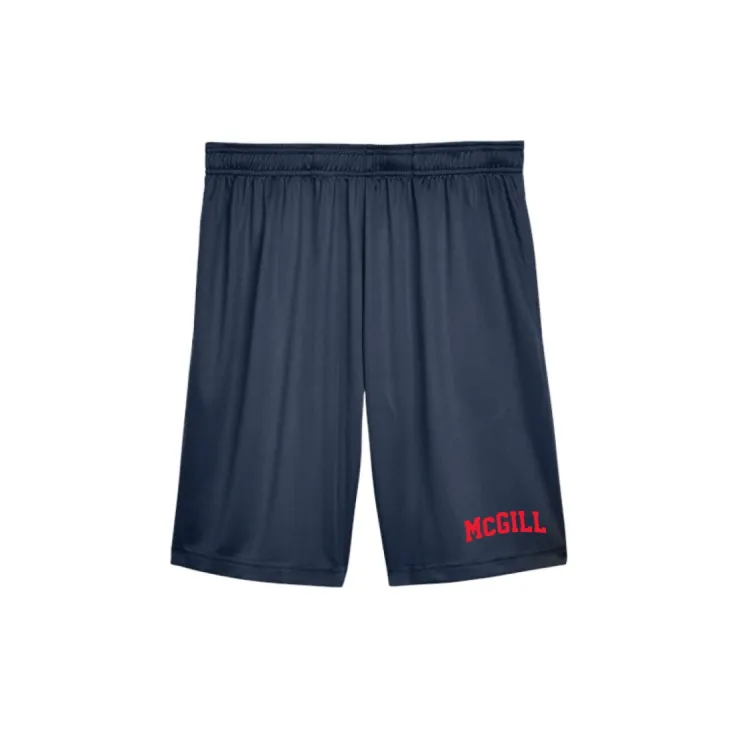 Navy McGill athletic shorts with elastic waistband, relaxed fit, and red “McGill” varsity logo printed on the lower left leg.