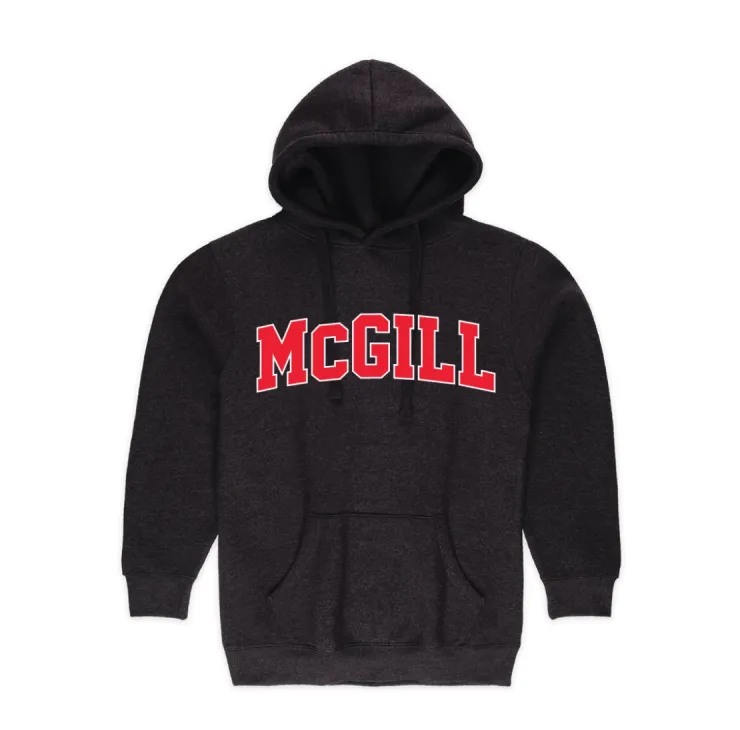 Heather Charcoal McGill hoodie with front pocket, drawstring hood, and red varsity “McGill” lettering on chest.