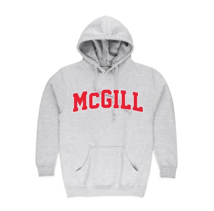 Heather Grey McGill hoodie with front pocket, drawstring hood, and red varsity “McGill” lettering on chest.