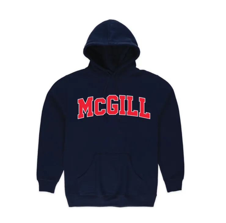 Navy McGill hoodie with front pocket, drawstring hood, and red varsity “McGill” lettering on chest.