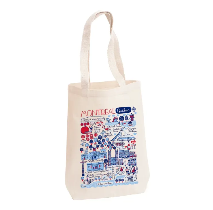 Natural cotton tote bag with illustrated Montréal cityscape by Julia Gash, featuring landmarks and McGill University.
