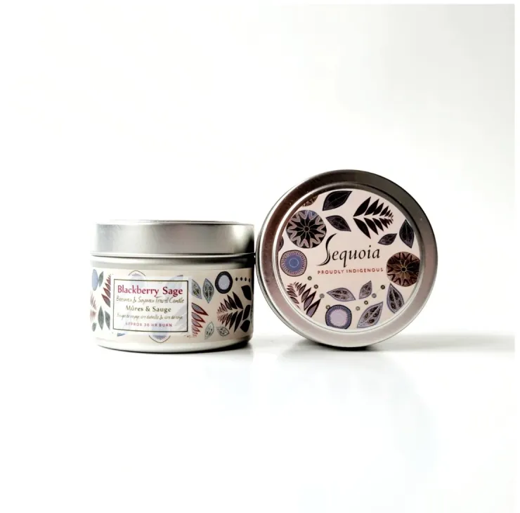 Sequoia Blackberry Sage scented candle in decorative tin with botanical pattern and silver lid.