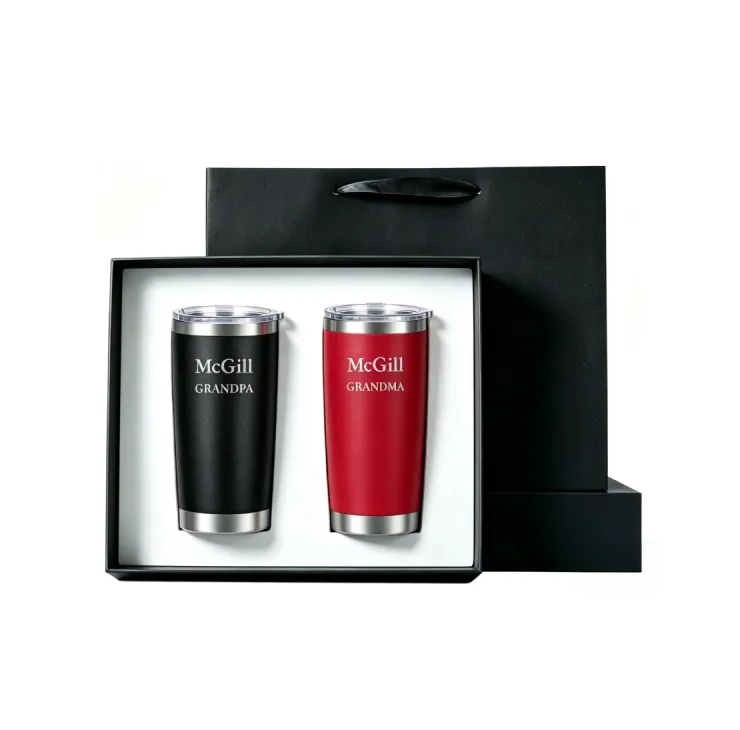 McGill grandparents gift set featuring two insulated travel mugs engraved with “McGill Grandma” and “McGill Grandpa.”