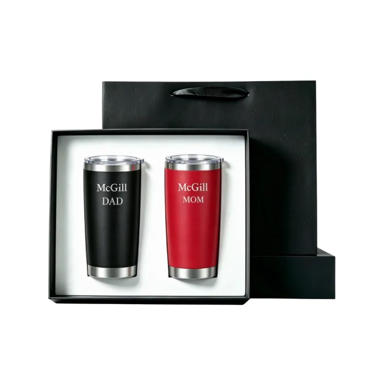 McGill parents gift set featuring two insulated travel mugs engraved with “McGill Mom” and “McGill Dad".