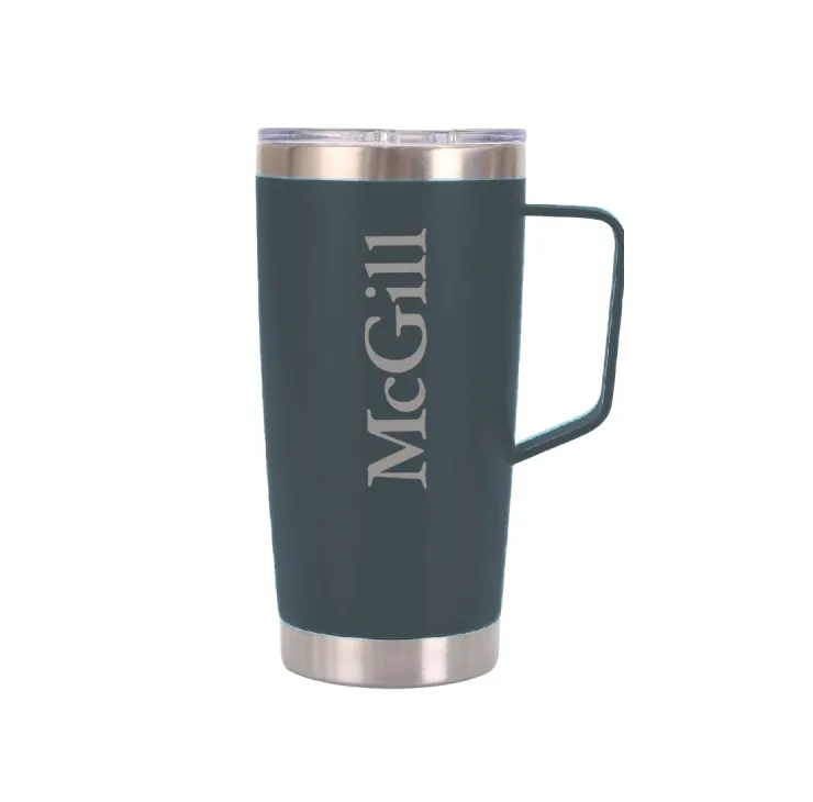 Green McGill insulated travel mug with handle, clear lid, and the McGill wordmark, shown on white background.