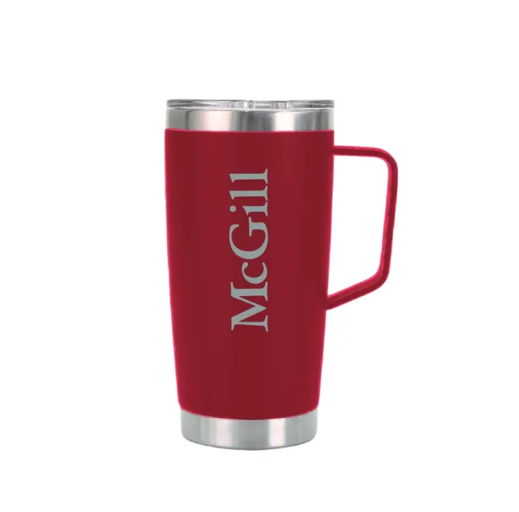 Red McGill insulated travel mug with handle, clear lid, and the McGill wordmark, shown on white background.