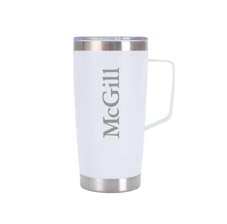 White McGill insulated travel mug with handle, clear lid, and the McGill wordmark, shown on white background.