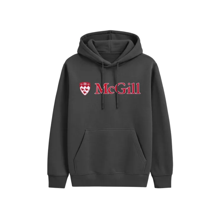 Charcoal McGill pullover hoodie with red embroidered McGill wordmark, crest logo, drawstring hood, and kangaroo pocket.