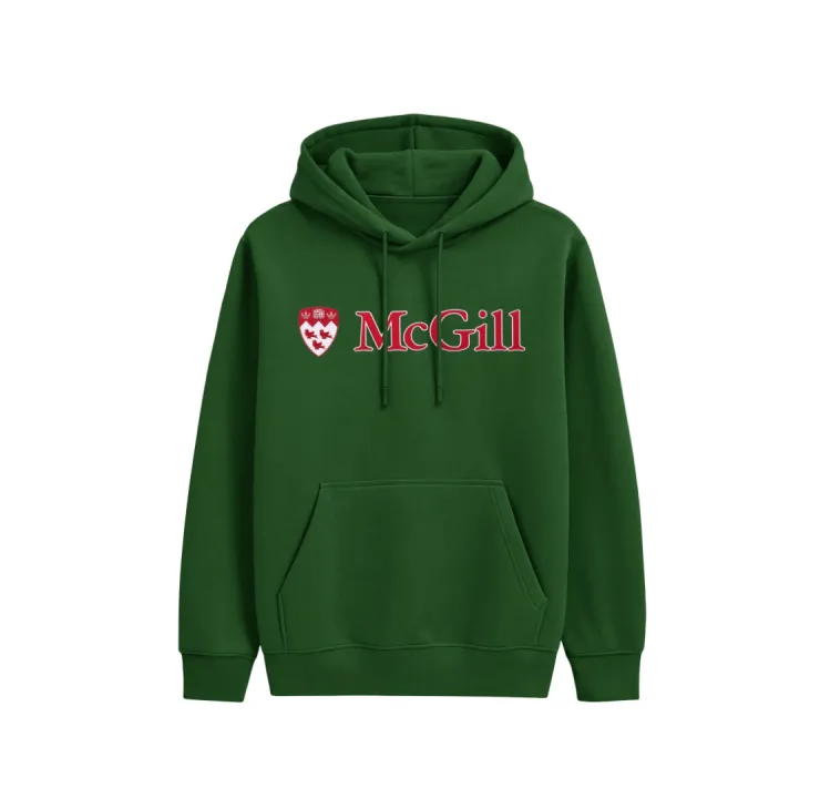 Forest Green McGill pullover hoodie with red embroidered McGill wordmark, crest logo, drawstring hood, and kangaroo pocket.