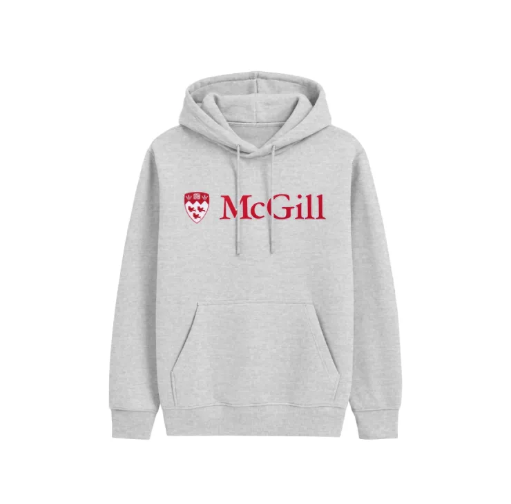 Light Grey McGill pullover hoodie with red embroidered McGill wordmark, crest logo, drawstring hood, and kangaroo pocket.
