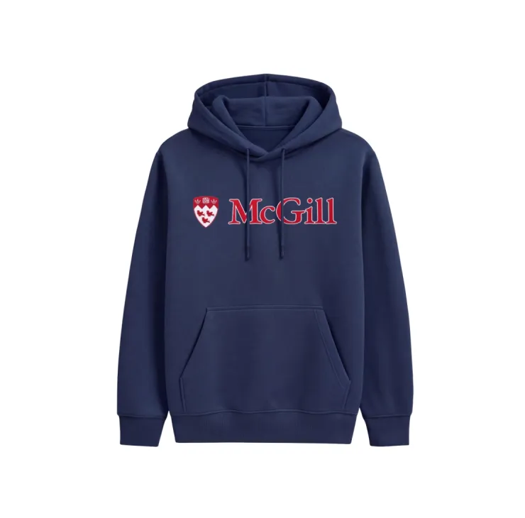 Navy McGill pullover hoodie with red embroidered McGill wordmark, crest logo, drawstring hood, and kangaroo pocket.