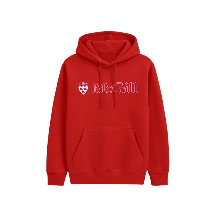 Red McGill pullover hoodie with red embroidered McGill wordmark, crest logo, drawstring hood, and kangaroo pocket.