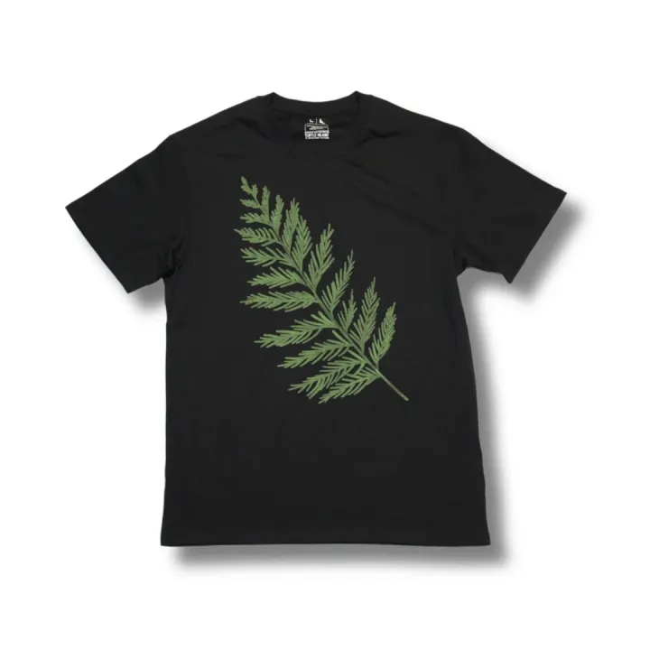 Black T-shirt with green cedar branch graphic.