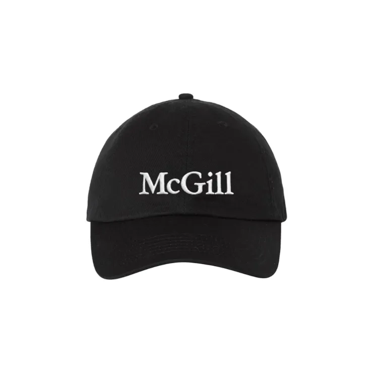 Black McGill baseball cap with white embroidered logo.